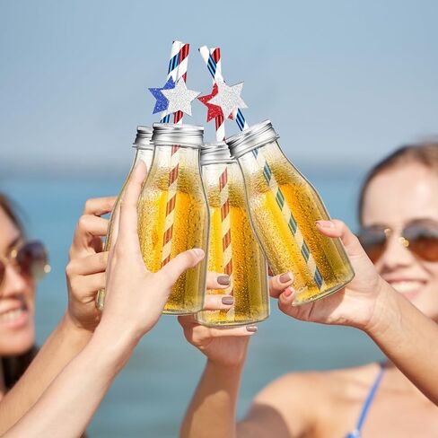 Yinkin 20 Set 4th of July Decorations Plastic Milk Bottle with Red Blue White Stripes Stars Paper Straws and Metal Lids Clear Plastic Bottle for Drink, Patriotic Party Bottle for Juices in Saudi Arabia