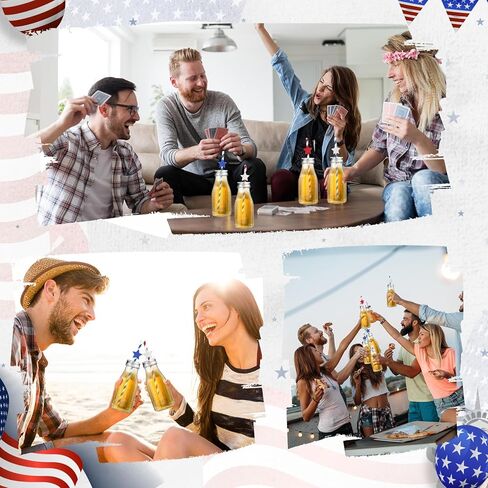 Yinkin 20 Set 4th of July Decorations Plastic Milk Bottle with Red Blue White Stripes Stars Paper Straws and Metal Lids Clear Plastic Bottle for Drink, Patriotic Party Bottle for Juices in Saudi Arabia