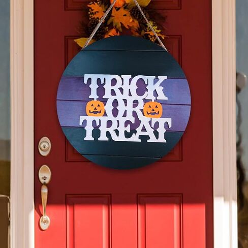 Halloween Wood Hanging Sign Halloween Trick or Treat Decor Sign for Front Door Halloween Decorations Outdoor, Halloween Party Decorations in Saudi Arabia