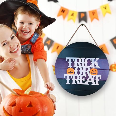 Halloween Wood Hanging Sign Halloween Trick or Treat Decor Sign for Front Door Halloween Decorations Outdoor, Halloween Party Decorations in Saudi Arabia