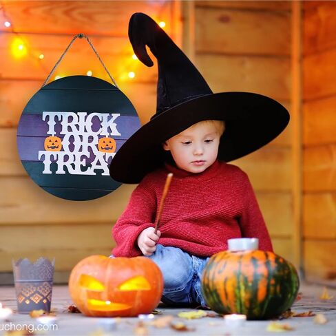 Halloween Wood Hanging Sign Halloween Trick or Treat Decor Sign for Front Door Halloween Decorations Outdoor, Halloween Party Decorations in Saudi Arabia