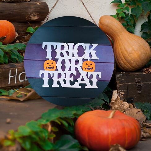 Halloween Wood Hanging Sign Halloween Trick or Treat Decor Sign for Front Door Halloween Decorations Outdoor, Halloween Party Decorations in Saudi Arabia