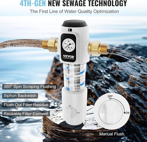 VEVOR Sediment Filter, 20 GPM Spin Down Sediment Filter with Pressure Gauge, 4Th Gen Backwash Pre-Filtration System, 360° Bi-side Scraper Flush, Reusable Whole House Sediment Water Filter, 3/4" MNPT in Saudi Arabia