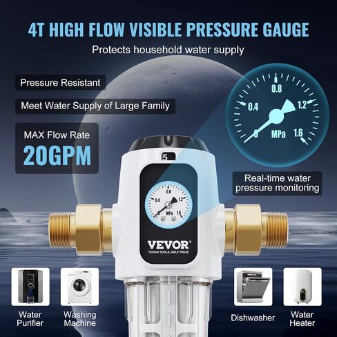 VEVOR Sediment Filter, 20 GPM Spin Down Sediment Filter with Pressure Gauge, 4Th Gen Backwash Pre-Filtration System, 360° Bi-side Scraper Flush, Reusable Whole House Sediment Water Filter, 3/4" MNPT in Saudi Arabia