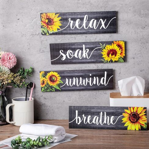 Jetec 4 Pieces Sunflower Bathroom Decor Sunflower Kitchen Decor Farmhouse Bathroom Wall Decor Signs Rustic Sunflower Bathroom Wall Art Bathroom Wooden Signs (Gray) in Saudi Arabia