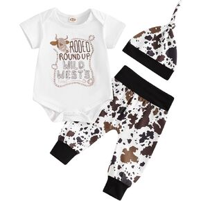 Omkzanbi 3Pcs Western Newborn Baby Boy Summer Clothes New to The Herd Onesie Cow Print Jogger Pants Cowboy Coming Home Outfit