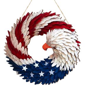 4th of July Hanging Door Sign Wooden Independence Day Decorations Patriotic Door Hanger American Rustic Wooden Plaque for Wall Front Porch Outdoor Farmhouse (Garland Style)
