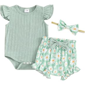 Hnyenmcko Newborn Baby Girl Clothes Daisy Print Fly Sleeve Romper Ruffle Bloomer Shorts Headband Set Infant Summer Outfits