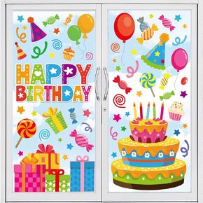Whaline 6 Sheet Happy Birthday Window Clings Colorful Birthday Cake Balloon Present Reusable Window Decals for Home Decor Anniversary Party Supplies