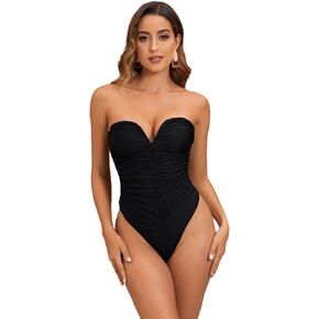 MakeMeChic Women's Strapless V Wired Ruched One Piece Swimsuits High Cut Thong Tummy Control Bathing Suit Slimming Swimwear