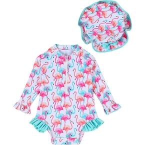 puseky Baby Girls One Piece Swimsuit Zip Rash Guard with Hat Set Swimwear Ruffled Cute Newborn Baby Girl Bathing Suit