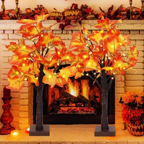 Fall Decorations for Home, 2 Pack 24"/2FT Lighted Fall Maple Leaves Tree with Warm 24 LEDs Autumn Decor, Table Fall Lighted 24 Inch Artificial Fall Ornaments Battery Powered Thanksgiving Gift