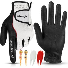 Men’s Golf Glove Left Hand Premium Leather Excellent Grip Super Soft Breathable Durable Fit All Weather with Golf Tee and Divot Repair Tool