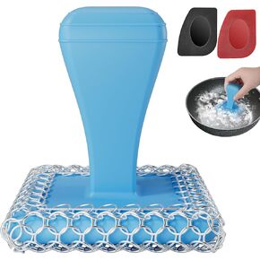 Cast Iron Scrubber & Cleaner Scraper Kit - Upgraded Handle 316L Stainless Steel Chainmail Scrubber for Cast Iron Pans, Dish Scrub Brush Scouring Pad for Cookware Corners Deep Cleaning - Black