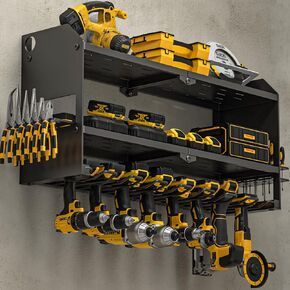 YYR Power Tool Organizer with Charging Station Wall Mount, Cordless Drill and Battery Holder for Garage Organization, Electric Tools Storage Rack Build in Surge Protection Power Strip - Yellow Shelf