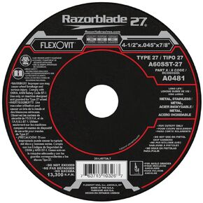 Flexovit® 4-1/2" X .045" X 7/8" RAZORBLADE 27® 60 Grit Aluminum Oxide Grain Reinforced Type 27 Depressed Center Cut-Off Wheel (A0481 Pack of 25)