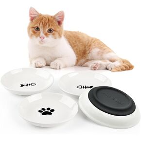 BNOSDM 4 Pcs Cat Food Plate Ceramic Whisker Friendly Cat Bowls with Nonslip Silicone Bottom for Wet Food, Shallow Wide Pet Feeding Dishes for Cat Kitten, Puppy and Small Dogs