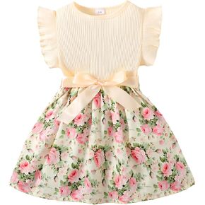 Baby Girl Floral Dress Ribbed Ruffle Sleeve Flower Print Casual Sundress Kids Summer Dresses