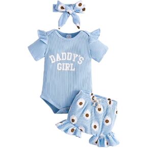 Tsnbre Newborn Infant Baby Girl Clothes Mamas Girl 3PC Summer Outfit Set Ruffle Short Sleeve Romper Floral Shorts Headband