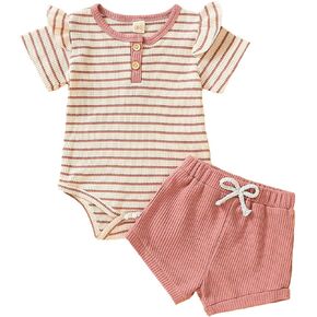 Newborn Baby Boy Girl Striped Short Set, Striped Short Sleeve Romper Top and Shorts Set Baby Summer Outfit