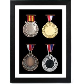 Medal Display Case, 4 Medal Display Shadow Box, Medal Display Frame - Perfect Medal Display for Runners, Marathon, Race Winner, Soccer, Football, Gymnastics & All Sports (Black, A4)