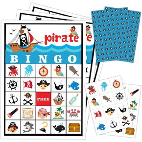 بطاقات لعبة Pirate Ship Adventures Bingo (24 لاعبًا)، بطاقة Pirate Party Bingo لأصدقاء العائلة البالغين، مجموعة كبيرة من لوازم تزيين حفلات الجمجمة -007