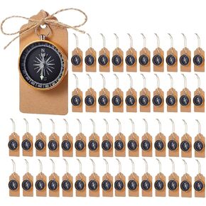 50 Sets Mini Compass Favors-Joyfulmap Compass Favors with Kraft Tags and Drawstring，Mini Compass Decorations for Weddings-Travel-Nautical-Birthday Themed Party Decorations(Golden)