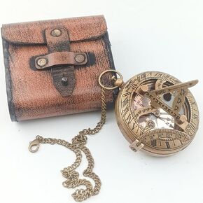 DAYOL'X Vintage Brass Sundial Compass with Leather Case - Antique Brass & Copper Sun Clock for Camping, Hiking, Touring - Engraved Gift for Him - Nautical Ship Replica Watch - Antique Decor, 3 inch