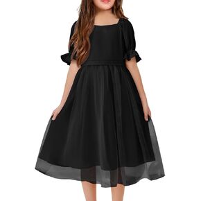 Batermoon Girls Summer Tutu Tulle Dress Puff Short Sleeve Square Neck Flowy Sundress Casual Party Midi Dresses 5-14Y