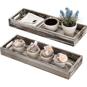 MyGift 16 x 6 Inch Rustic White Wood Decorative Serving Trays with Cutout Handles, Long Rectangular Ottoman Tray Centerpiece, Set of 2