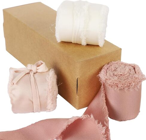 شريط من الساتان الحريري من Cekene مقاس 1-1/2 بوصة × 20 ياردة من الذهب الوردي والأبيض الكريمي شرائط متوترة مصنوعة يدويًا شريط قماش هامشي صلب لتغليف الهدايا وحفلات الزفاف وصناعة القوس، 4 لفات in Kuwait