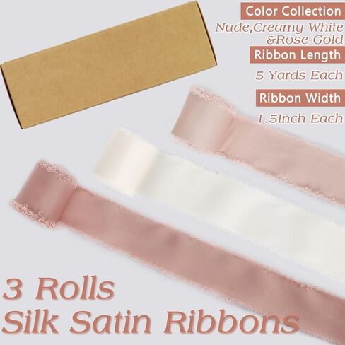 شريط من الساتان الحريري من Cekene مقاس 1-1/2 بوصة × 20 ياردة من الذهب الوردي والأبيض الكريمي شرائط متوترة مصنوعة يدويًا شريط قماش هامشي صلب لتغليف الهدايا وحفلات الزفاف وصناعة القوس، 4 لفات in Kuwait