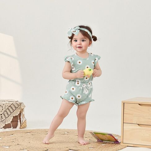 الوليد طفلة ملابس الصيف لطيف ديزي طباعة يطير كم رومبير شورت مكشكش مجموعة عصابات رأس الرضع 3 قطعة وتتسابق in Kuwait