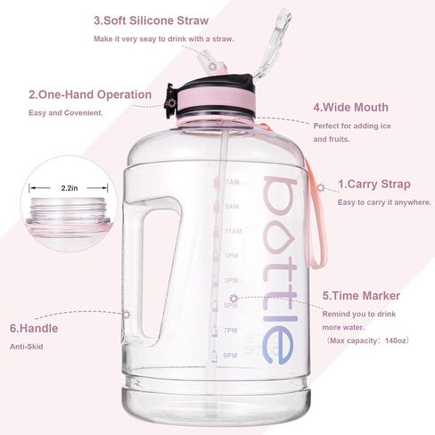 زجاجة مياه كبيرة سعة 1 جالون مع ماصة ومقبض كبير، زجاجة مياه تحفيزية سعة 1 جالون مع علامة زمنية، زجاجة مياه مقاومة للتسرب خالية من مادة BPA للياقة البدنية والرياضات الخارجية in Kuwait