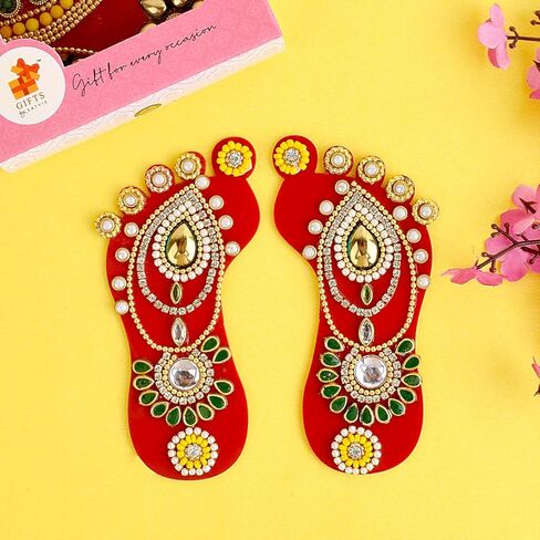 SATVIK 1 Pc Set of Acrylic Lakshmi Mata Charan Paduka Sticker Diwali Festival Decoration with Stone Moti Mandir Home Office Floor Festival Pujan Home Floor Kolam Shubh Labh Rangoli Stickers (DESIGN 2) in Saudi Arabia