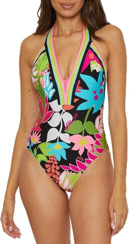 Trina Turk Women's Tiki One Piece Swimsuit, Plunge Neck, Floral Print, Adjustable, Tie Back, Bathing Suits in Saudi Arabia