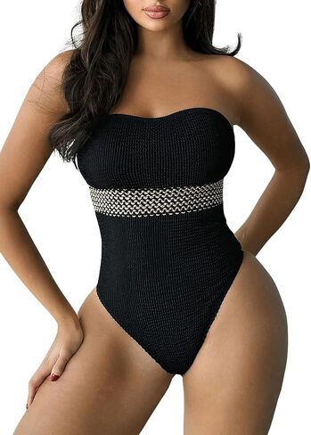 MakeMeChic Women's Colorblock Bandeau One Piece Swimsuits Tummy Control Bathing Suit with Straps in Saudi Arabia