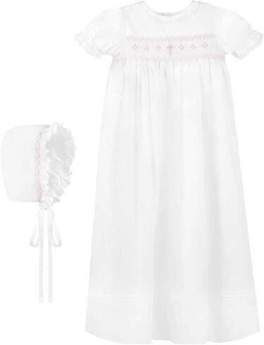 White Christening Gown Hand Smocked Yoke with Cross Detail and Short Sleeves + Bonnet in Saudi Arabia