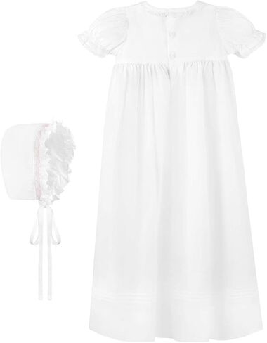 White Christening Gown Hand Smocked Yoke with Cross Detail and Short Sleeves + Bonnet in Saudi Arabia