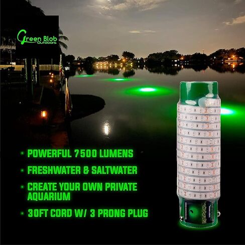 Green Blob Outdoors مصباح صيد جديد تحت الماء LED للأحواض 7500 أو 15000 لومن مع سلك طاقة 110 فولت تيار متردد 30 قدمًا أو 50 قدمًا، كرابي، سنوك، جاذب الأسماك، صنع في تكساس in Kuwait