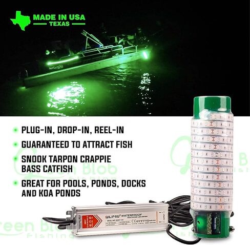 Green Blob Outdoors مصباح صيد جديد تحت الماء LED للأحواض 7500 أو 15000 لومن مع سلك طاقة 110 فولت تيار متردد 30 قدمًا أو 50 قدمًا، كرابي، سنوك، جاذب الأسماك، صنع في تكساس in Kuwait
