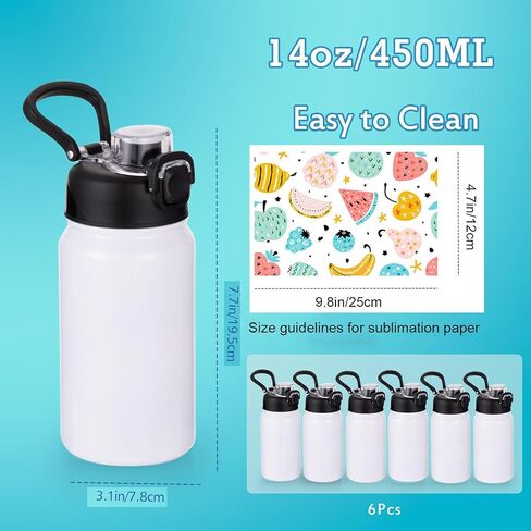 فراغات زجاجات المياه التسامي للأطفال مع غطاء صنبور ومقبض، 6 عبوات زجاجات مياه معزولة مخصصة بحجم 14 أونصة، مفتوحة بنقرة واحدة، هدية ذاتية الصنع للأولاد والبنات إلى المدرسة الرياضية والسفر والتخييم، باللون الأبيض in Kuwait