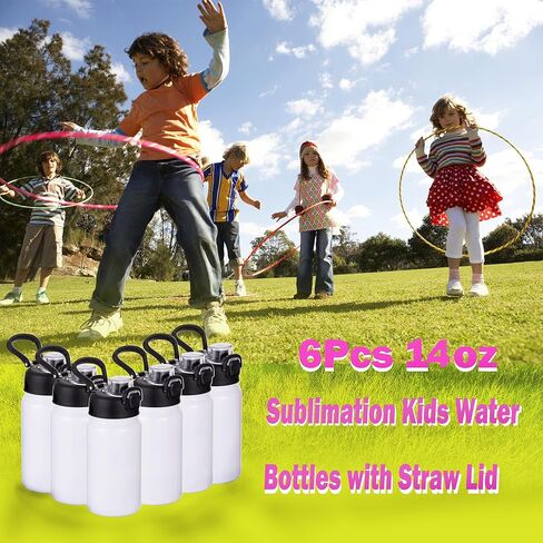 فراغات زجاجات المياه التسامي للأطفال مع غطاء صنبور ومقبض، 6 عبوات زجاجات مياه معزولة مخصصة بحجم 14 أونصة، مفتوحة بنقرة واحدة، هدية ذاتية الصنع للأولاد والبنات إلى المدرسة الرياضية والسفر والتخييم، باللون الأبيض in Kuwait