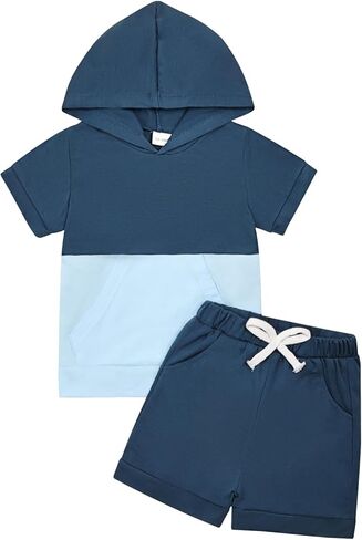 بيبي بوي ملابس طفل ملابس الصيف قصيرة الأكمام مقنعين المرقعة تي شيرت كامل وجيب طقم بناطيل رجالي 12 شهرًا-4T in Kuwait