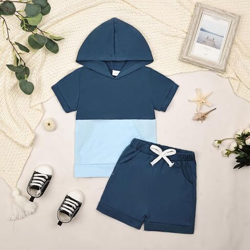 بيبي بوي ملابس طفل ملابس الصيف قصيرة الأكمام مقنعين المرقعة تي شيرت كامل وجيب طقم بناطيل رجالي 12 شهرًا-4T in Kuwait