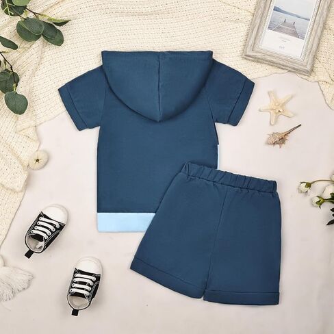 بيبي بوي ملابس طفل ملابس الصيف قصيرة الأكمام مقنعين المرقعة تي شيرت كامل وجيب طقم بناطيل رجالي 12 شهرًا-4T in Kuwait