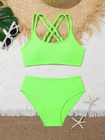 OYOANGLE Girl's 2 Piece Heart Print Bikini Swimsuit Spaghetti Strap Criss Cross Tankini Bathing Suits in Saudi Arabia