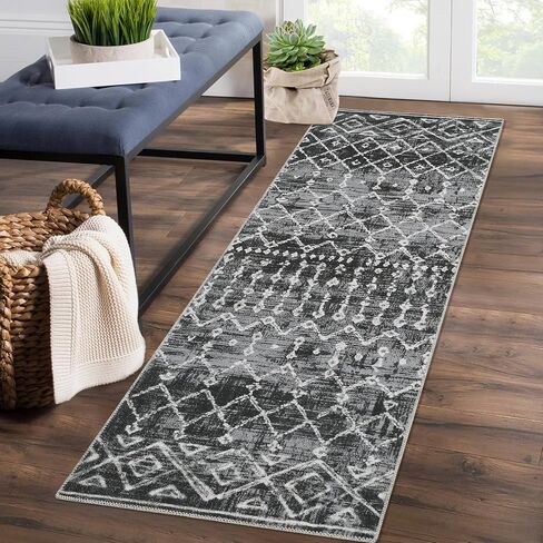 Runner Rug Washable Boho Moroccan Hallway Runner Rug Entryway Rug, Stain Resistant Non-Slip Geometric Distressed Bedroom Rug Runner Entrance Carpet for Laundry Kitchen, Multi, 2' x 6' in Kuwait