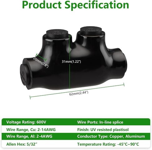 Insulated Inline Splice Connector Allen Hex Electric Connector and Cable Connector CU9AL Dual Rated for Copper and Aluminum Wire Black (2/0 AWG) in Saudi Arabia