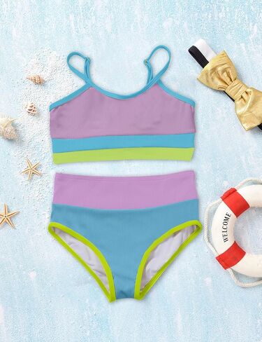 ملابس سباحة تانكيني للفتيات من Adisputent مقاس 7-14 مكونة من قطعتين بخصر عالٍ وجزء سفلي لطيف بألوان كتلة للأطفال لباس سباحة in Kuwait